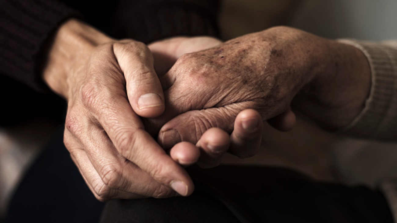 closeup of a young caucasian man holding the hand of an old caucasian woman with affection